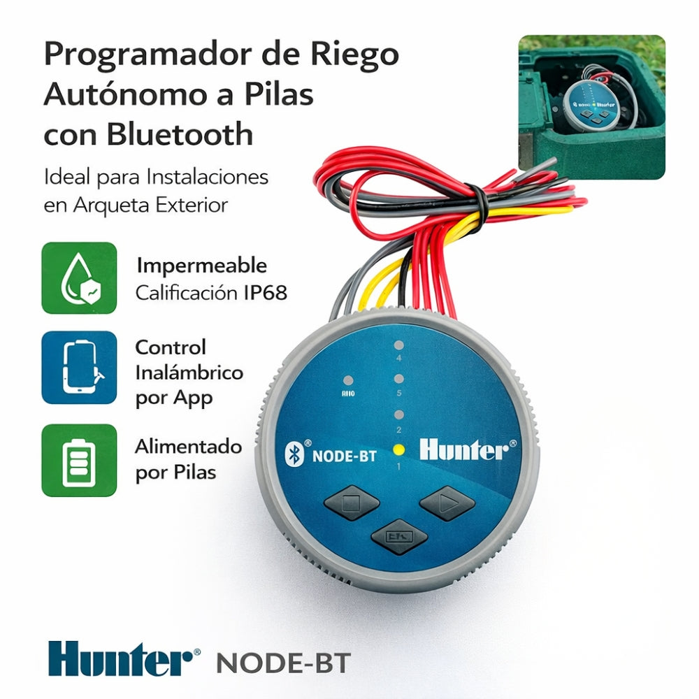 HUNTER NODE-BT-200 Programador de Riego Eléctrico para 2 Zonas con Control Bluetooth