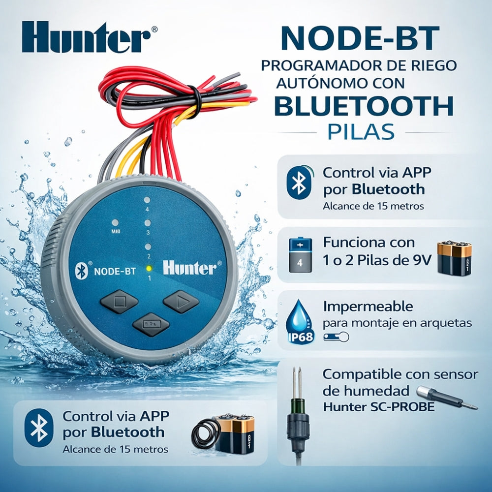 HUNTER NODE-BT-200 Programador de Riego Eléctrico para 2 Zonas con Control Bluetooth