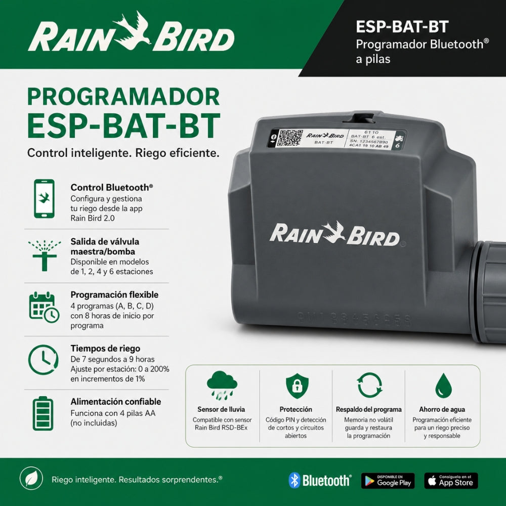 RAIN BIRD ESP-BAT-BT Programador a Pilas con Conexión Bluetooth de 2 Estaciones