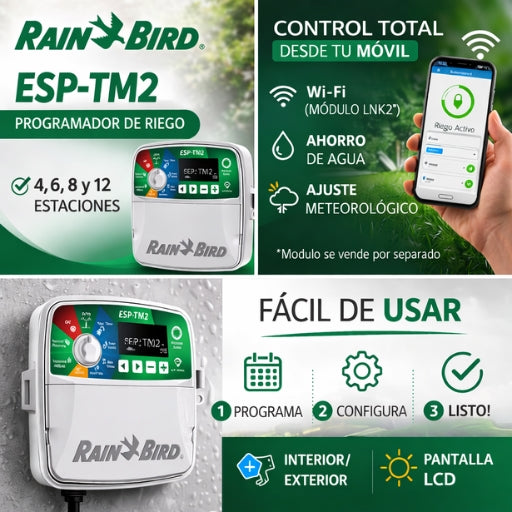 Pack Programador de Riego RAIN BIRD ESP-TM2 6 Estaciones Exterior + Módulo WiFi LNK
