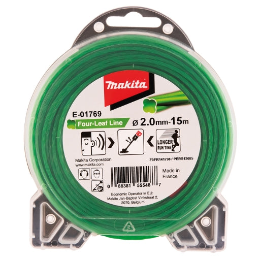 Hilo de nylon Makita 4 hojas trenzado 2,0 mm × 15 m verde E-01769